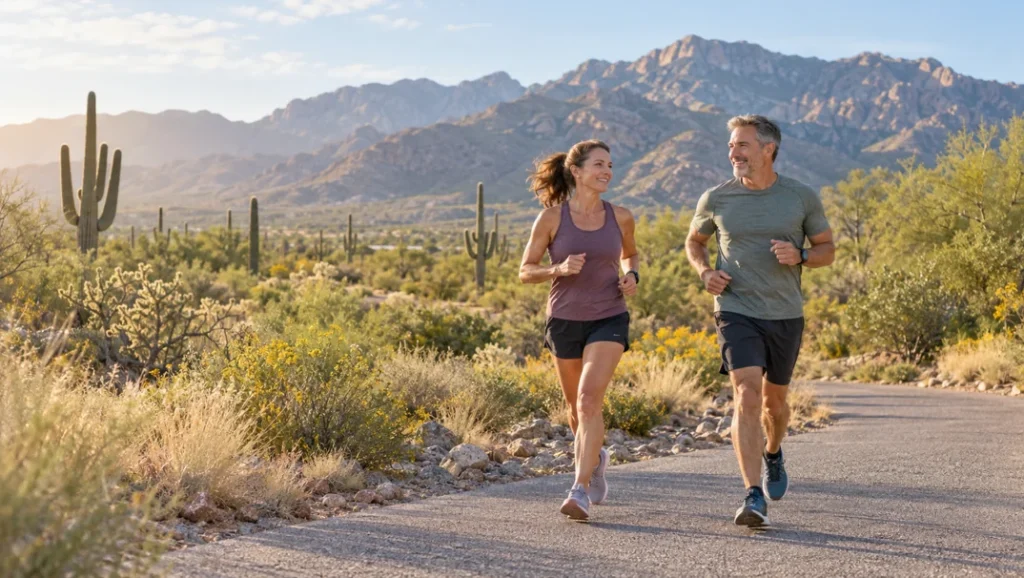 Midlife couple running together on a Tucson desert trail with the Santa Catalina Mountains in the background